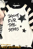 Subcultural Star Letter Stripe Print y2k Spring and Autumn Long Sleeve Women's Broken Round Neck Women's Clothing