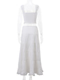 Fongt Summer Fashion New Square Tie Lace Splicing Top + Half-Dress Casual Holiday Suit