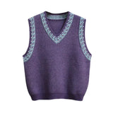 Purple Sleeveless Knit Pullover For Women Casual Loose Printed V-neck Korean Sweaters Vests Preppy Knitwear