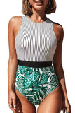 Fongt New Print Striped One-Piece Bikini Swimsuit Sexy Leaf Patchwork Triangle Women's