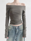 Solid Color Off Shoulder Slim Long Sleeve Tee-Outfit