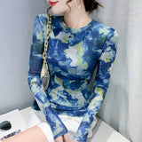 S-3XL Autumn Spring Full Sleeve O-Neck T-shirt Girls Solid Stretchy Printed Mesh TShirts Tops Women Tees-Outfit
