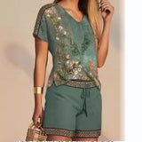 Fongt Summer Women's Casual Fashion Print Comfortable V-Neck Top Shorts Two-Piece