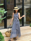 Fongt Xixi 2025 Summer New Korean Version Of High-Waisted Holiday With Dress V-Neck Print Pure Desire Skirt 88329