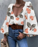 Puff Lantern Sleeve Blouse Elegant Fashion Women V-Neck Long Sleeve Shirts Spring Autumn Chic /Floral