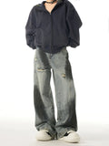 Fongt High Street Web Splash-Ink Broken Hole Jeans Men And Women Loose Deconstruction Versatile Straight Tube Wide Leg Long Pants-Outfit