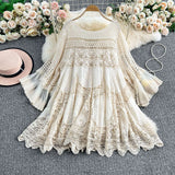Fongt Dali Tourism Holiday Dress Women New Gentle Wind Tied V Tie Horn Sleeve Hollow Knitting Short
