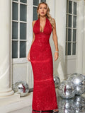 Halter Deep V Neck Sequin Maxi Dress-Outfit