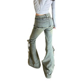 Fongt Skirt Jeans Women Autumn Retro Do Old Water Wash High Waist Tie With Horseshoes Super Fire Korean Micro-Rave Pants