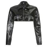Fongt Cloth Forget Street Locomotive Wind Letter Print PU Leather Spliced Short Jacket Work Clothes Casual Leather Top