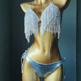 Rhinestone Crystal Tassel Bikini Set Women Sexy Backless Bandage Halter Bra And Thong Swimsuit Beachwear Bathing