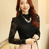2023 Elegant Lace Crocheted Hollow Out Top Stand-up Collar White Blouse Woman Sweet Long Sleeve Shirts Blusas