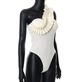 Sexy Ruffles Slant Shoulder Cut Out Bodysuits Women Sleeveless Solid White One Piece Rompers 2022 Summer Beach Holiday