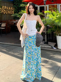 Fongt Desire Girl To Reduce The Age Of Sexy Hanging Neck More Wearing A Word Shoulder Tight Chest Vest Hottie Low-Waist Broken Flower Half-Body Skirt