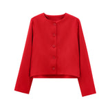 Fongt Women's Solid Color Coat 2025 Spring Commuter Leisure Buckle Dress Short Long-Sleeved Round-Neck Suit