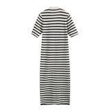 Women's Wear 2023 Summer New Striped Comfortable Button V-Collar Medium-Length Dress-Outfit