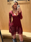 Lace Long Sleeve Hollow Out V-Neck Mini Dress-Outfit