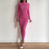 Fongt 2023 New Solid Color Round Collar Pleated Design Slim Wrap Buttock Dress-Outfit