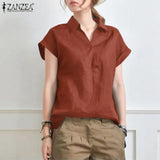 Summer Elegant Lapel Neck Solid Blouse Women Short Sleeve Solid Cotton Tops Casual Loose Blusas OL Work Shirt Oversize 1028-0-Outfit