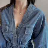 Women Jacket 2023 Spring Autumn Korean Chic Female All-Match V-Neck Retro Beaded Diamond Design Loose Short Denim