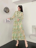 Fongt New Wooden Ear To The Waist Of The Thin Waist Goddess Vacation Seaside Long Dress 100 Folded Chiffon Swing