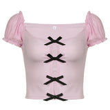Romantic Style Engraved Empty Lace Bow Spliced U-Collar T-Shirt Ins Pure Bubble Sleeve Pink Slimming Blouse-Outfit