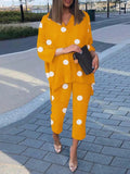 Bohemian Summer Polka Dots Printed Holiday Matching Sets Long Sleeve O-Neck High Low Blouse Femme Fashion Casual