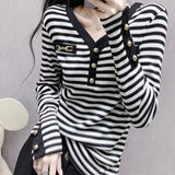 Striped Spring Autumn Long Sleeve Pullovers All-match Elegant V-Neck Female Clothing 2023 Button Patchwork Slim T-shirt-Outfit
