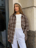 Shirt Female Autumn 2024 New Vintage Double Pocket Plaid Stripe Medium Long Shirt-Outfit