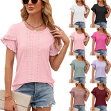 2024 New Round Collar Solid Color Petals Short-Sleeved Casual T-Shirt-Outfit