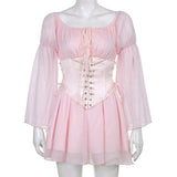 Chiffon Detachable Corset Puff Sleeve Mini Dresses-Outfit