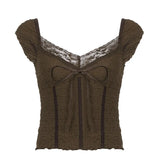 Fongt Retro Lace Stitching Bow Jacket New Spring 2023 Slim Slim Casual Solid Color Short-Sleeved Shirt-Outfit