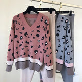 Print Knitted 2 Piece Sets For Women Casual Loose V-neck Sweater Pullovers Outfits And Contrast Color Harem Pants