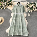 Heavy Industry Embroidered Lace Lapel Collision Color Splicing Loose Slim Long-Size Women's Holiday Dress-Outfit