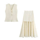 New Gold Button Knitted Vest Small Pleated Spliced Skirt Suit-Outfit