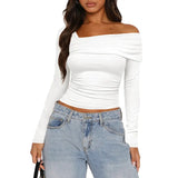 Women Basic Solid Undershirt Slash Off Shoulder Full Sleeve Shirt Shrunk Soft T-Shirt Autumn Versatile Street Daily Top-Outfit