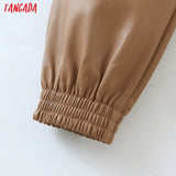 Women Khaki PU Leather Pants Stretch Waist Female Autumn Winter Harm Pants Trousers