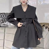 Lady Sailor Collar Shirt Korean Loose Spring Autumn Sashes Commute Female Clothing Single-breasted Casual Basic Blouse-Outfit