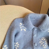 Blue Floral Buttoned Collar Cardigan-Outfit