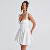 White Floral Turned Strap Corset Mini Dress-Outfit