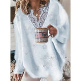 Sweater Women Solid Five-pointed Star Design Mesh V Neck Loose Pullovers Top Vintage Elegant Knitted Knitted Plus