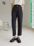 High Waist Straight Leg Cropped Pants Cotton Denim Casual Jeans Office Lady Button Decoration Long Trousers