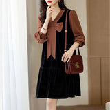 Korean V-Neck Bow Midi Dress Female Clothing Casual Patchwork Spring Autumn Elegant Loose Commute Long Sleeve Dresses-Outfit