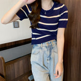 Fongt Knitted Short-Sleeved T-Shirt For Women's Summer 2023 New Design Sense Slimmed Shoulders Short