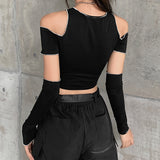 Fongt Women's 2023 New Fashion Logo Slim Round Neck Off-The-Shoulder Short T-Shirt Women-Outfit