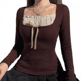 Stitching Lace Bow Knot Square Collar Knitted Tee-Outfit