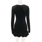 Black Velvet Long Sleeve Puff Trim Bodycon Mini Dress-Outfit