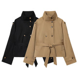 Fongt Women's Fashion Trench Coat Women's Double Buckle Stand-In Autumn Long-Sleeved Waist Jacket Jacket
