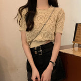 Fongt Temperament Hollow T-Shirt Girl Summer New Solid Color Short-Term Cash Waist Repair Slim Thin Short-Sleeved Top