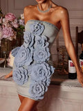 Denim Strapless 3D Flower Mini Dress-Outfit